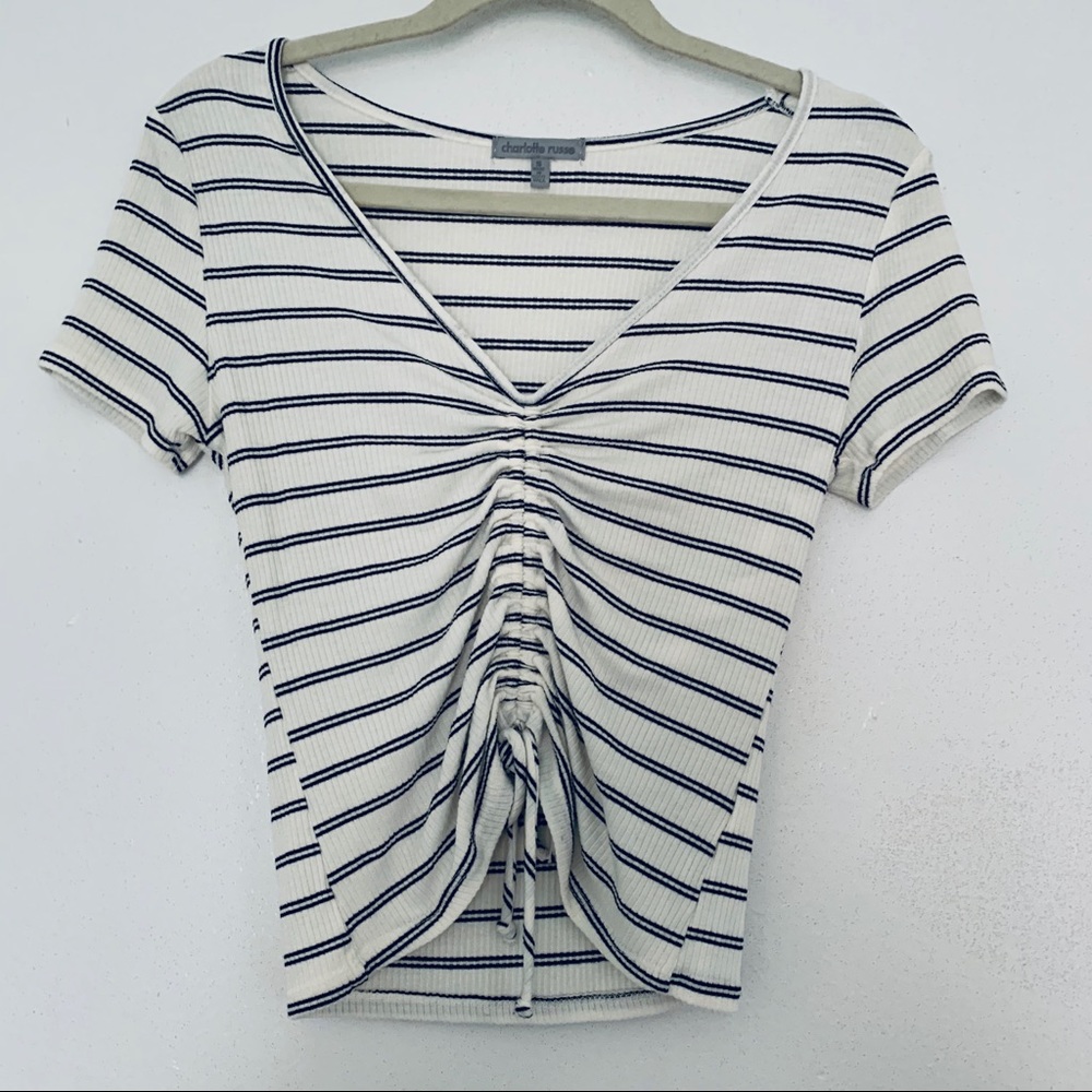 Cinch ruched v neck striped crop top NWOT